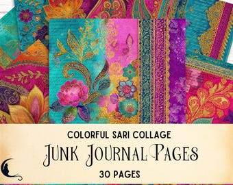 Bunte indische Sari Scraps Collage Junk Journal Kit Druckbare digitale Scrapbook Seiten, Boho Bastelbedarf einzigartige Boho Textilien Mandala