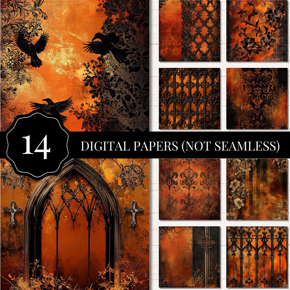 Orange Black Gold Gothic Digital Paper, Dark Aesthetic Printable ...