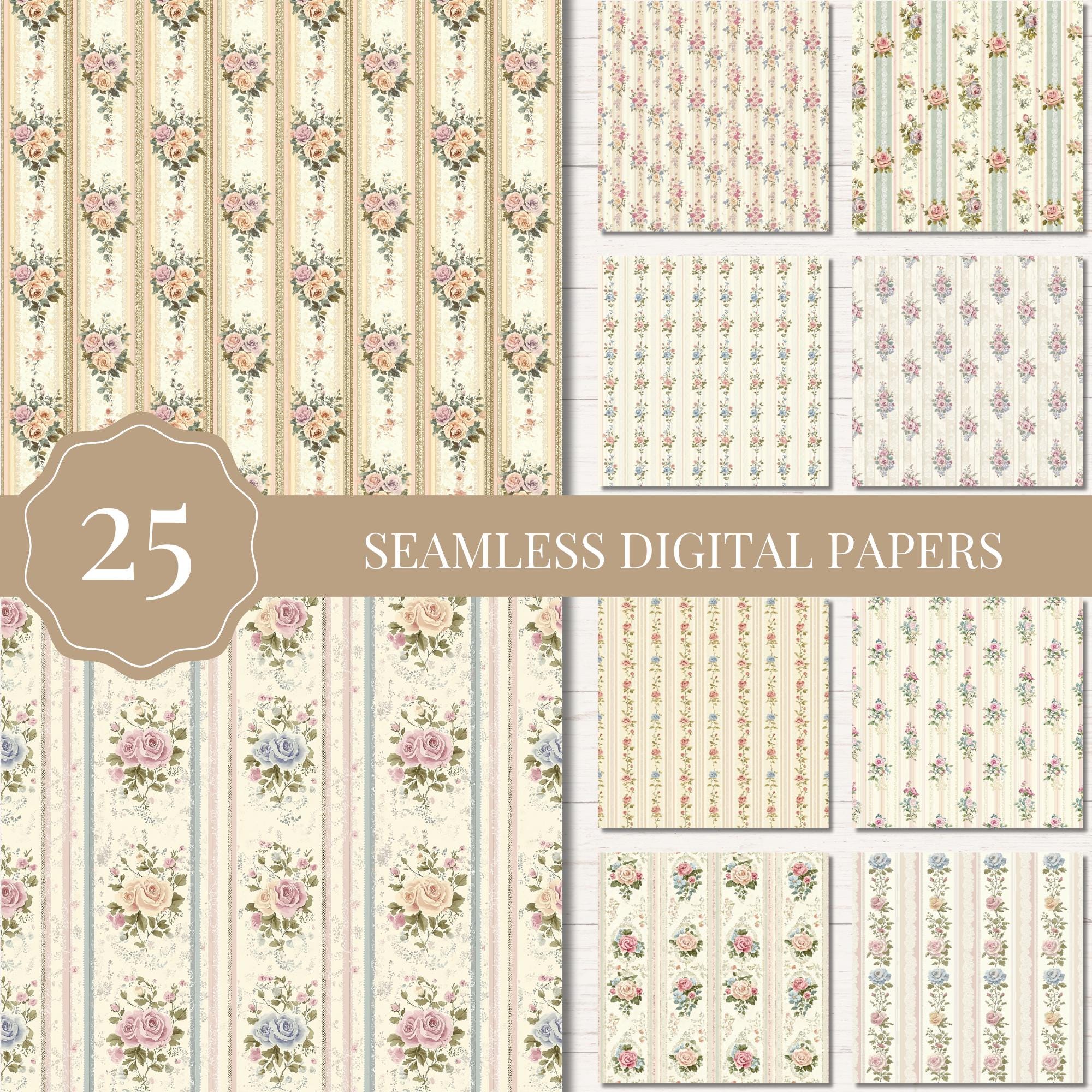Shabby Chic Floral Stripes Digital Paper Pack, Seamless Patterns for ...