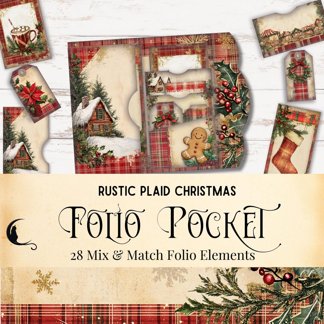 素朴な格子柄クリスマスジャンクジャーナルフォリオキット | 印刷可能