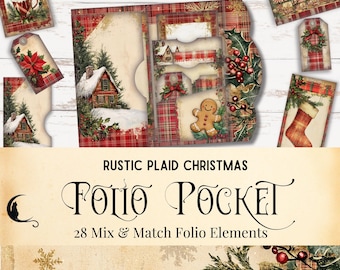 素朴な格子柄クリスマスジャンクジャーナルフォリオキット | 印刷可能