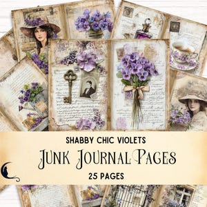 Pagine di diario Shabby Chic Violets Junk, effimeri floreali vintage, carta digitale Cottagecore, forniture per scrapbooking viola, progetti di bricolage
