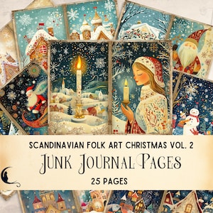 Pagine di diario natalizio scandinavo, carta per scrapbooking digitale con arte popolare, carta per lavoretti di arte popolare svedese, effimeri natalizi