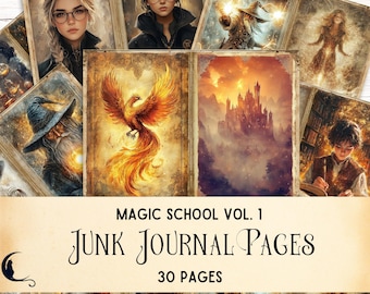 School of Magic Junk Journal Kit, Wizard Digital Paper, Fantasy Scrapbook, Printable Pages,  Wizarding Ephemera, Witches Magical Creatures