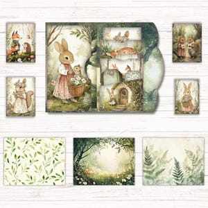 May include: A collection of printed paper sheets featuring watercolor illustrations of woodland animals including rabbits, foxes, and squirrels in forest settings, alongside patterns of green leaves, ferns, and a sunlit meadow scene.