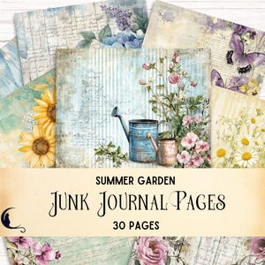 Pages de journal indésirable du jardin d'été, papiers éphémères floraux cottagecore imprimables, arrière-plans de scrapbooking jardinage shabby chic, fournitures de bricolage