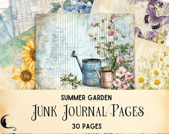 May include: A collection of decorative paper sheets featuring floral and garden themes, including illustrations of sunflowers, daisies, butterflies, and watering cans, with vintage script text overlays and a Summer Garden Junk Journal Pages title.