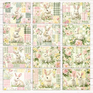 May include: Twelve digital scrapbook paper designs featuring a patchwork pattern with pastel pink, green, and yellow squares. Each design includes a white bunny rabbit with pink ears and a floral background.