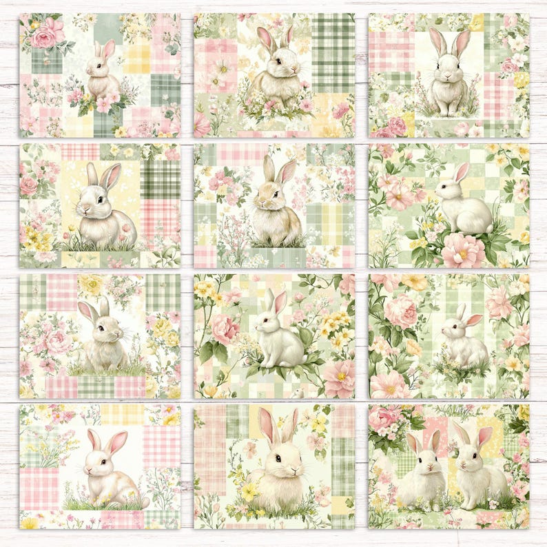 May include: Twelve digital scrapbook paper designs featuring a patchwork pattern with pastel pink, green, and yellow squares. Each design includes a white bunny rabbit with pink ears and a floral background.