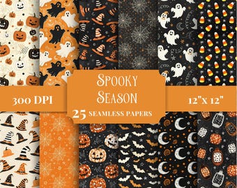 Naadloos spookachtig seizoen digitaal papierpakket, Halloween-patronen voor ongewenste tijdschriften, afdrukbare schoolbordachtergronden, doe-het-zelf plakboekbenodigdheden