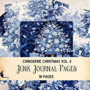 Chinoiserie Weihnachten Junk Journal Seiten, Französisches Toile De Jouy Digital Papier, Chinoiserie Weihnachtsverzierung, Blaues und Weißes Weihnachtspapier