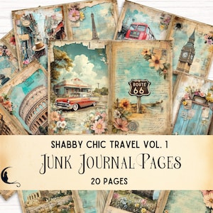 Shabby Chic Travel Junk Journal Kit, vintage ephemera, afdrukbare pagina's met reisherinneringen, doe-het-zelf-benodigdheden voor scrapbooking, retro collageblad ambacht