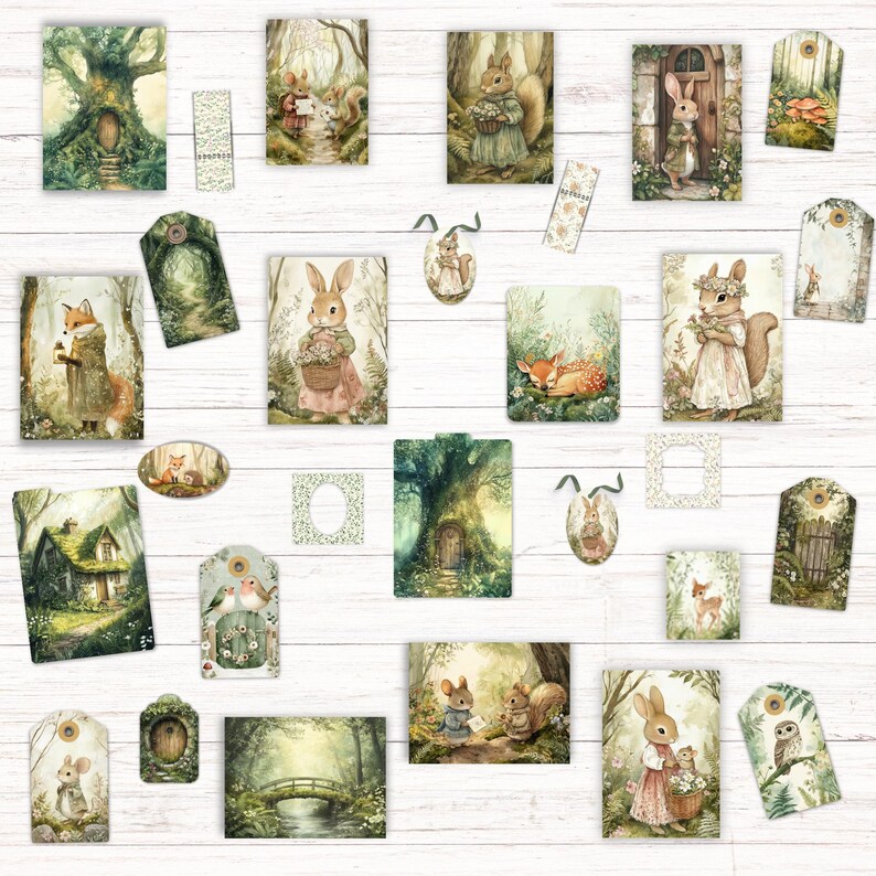 May include: A collection of paper ephemera featuring woodland scenes, including illustrations of rabbits, foxes, deer, owls, and forest dwellings. The set contains various rectangular cards, oval tags, and bookmarks with soft, muted, and earthy color tones.