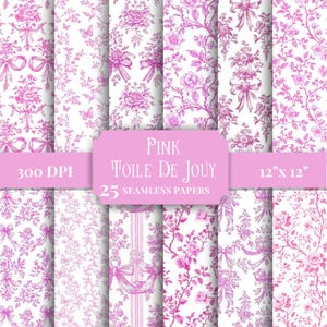 Naadloze roze toile de jouy digitaal papier vintage strikpatroon bloemen stof print kaarten kinderkamer behang achtergrond, chinoiserie plakboek