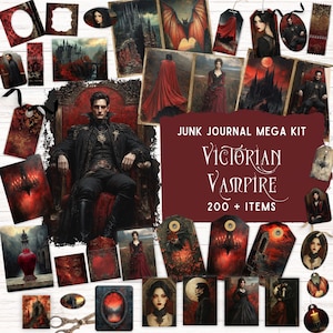Victoriaanse Vampire Junk Journal Kit, afdrukbaar digitaal plakboek, DIY opvouwbaar foliozakje, vintage gotische ephemera donkere romantiek ambachtelijke levering