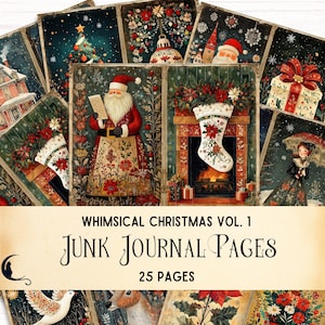 Puede incluir: Un conjunto de 25 páginas de diario de chatarra imprimibles con temática navideña y caprichosas. Las páginas presentan ilustraciones de Papá Noel, una chimenea con una media, un árbol de Navidad y otras imágenes festivas.