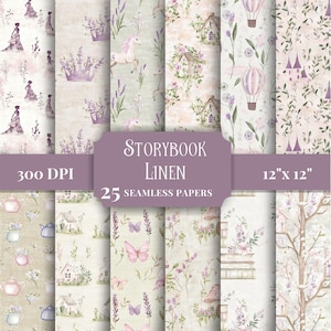May include: A set of 25 digital scrapbook papers featuring a whimsical fairytale theme. The papers are 12 inches by 12 inches and 300 DPI. The designs include lavender, unicorns, crowns, teapots, butterflies, houses, hot air balloons, and trees.
