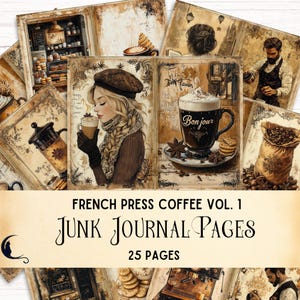 Vintage Coffee Shop Junk Journal Kit Paris Café Au Lait afdrukbare ephemera, Franse pers plakboek, bakkerij, koffieliefhebbers digitaal papier