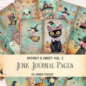 Pastel Halloween Junk Journal Kit, Printable Whimsical Ephemera, Digital Spooky & Sweet Scrapbook Pages, Cute Witch Black Cat Craft Supplies