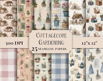 Cottagecore Gardening Digital Paper Pack, Seamless Patterns for Scrapbooking, DIY Craft Supplies, Rustic Cottage Garden Gingham Backgrounds