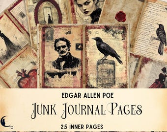 Puede incluir: Un conjunto de 25 páginas de álbum de recortes de estilo vintage con imágenes de cuervos, corazones y retratos. Las páginas están diseñadas para su uso en diarios de chatarra y presentan el texto "Edgar Allen Poe Junk Journal Pages".