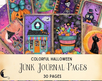 Colorful Halloween Junk Journal Kit, Printable Vintage Ephemera, Cute Ghost Whimsical Scrapbook Paper Spooky Craft Supplies for DIY Projects