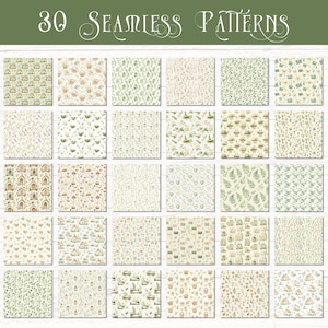May include: A collection of 30 seamless patterns featuring various botanical, woodland, and cottage-themed illustrations in soft green, brown, and cream tones. The grid displays repeating motifs including small houses, plants, and tea sets.