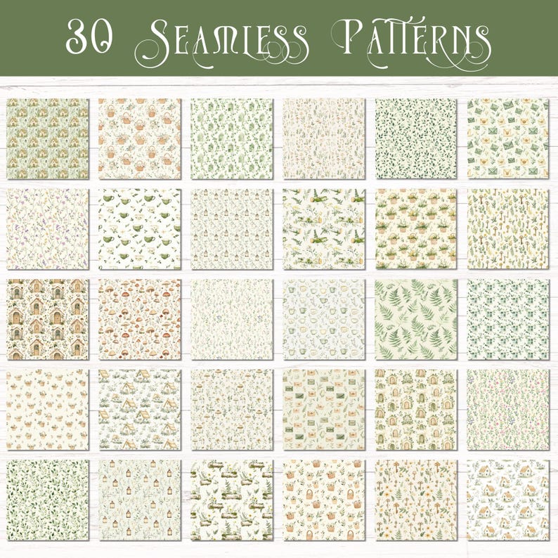 May include: A collection of 30 seamless patterns featuring various botanical, woodland, and cottage-themed illustrations in soft green, brown, and cream tones. The grid displays repeating motifs including small houses, plants, and tea sets.