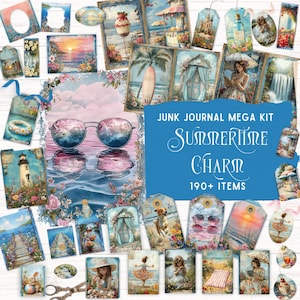 Sommer Junk Journal Kit, bedruckbares Folio Pocket, Vintage Ephemera, Strand Urlaub Sammelalben, DIY Küsten Reise Papiermodelle