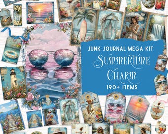 Summertime Junk Journal Kit, Printable Folio Pocket, Vintage Ephemera, Beach Vacation Scrapbook Supplies, DIY Coastal Travel Paper Crafts