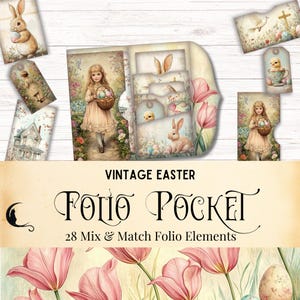 kit folio vintage pour journal de Pâques, pochette pliante imprimable, lapins tulipes éphémères shabby chic, scrapbooking printanier, créations DIY