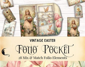 Vintage Easter Junk Journal Folio Kit, Printable Folding Pocket Folio, Tulips Bunnies Shabby Chic Ephemera, Spring Scrapbooking, DIY Crafts