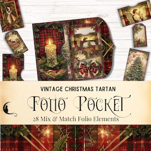 Vintage Tartan Christmas Junk Journal Folio Kit | Afdrukbare Pocket Schotland Ephemera | Opvouwbare folioset | Vintage kortstondige kerst