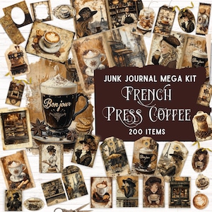 Kit de diario basura de cafetería vintage, kit de folio imprimible de prensa francesa, efímera de café con leche de París, papel digital para álbumes de recortes para amantes del café