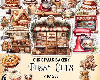 May include: A set of 7 printable pages of Christmas bakery fussy cuts. The images include a gingerbread house, a bakery storefront, a stand mixer, a cake, a cupcake, a pie, and a bag of flour. The images are in a watercolor style and are perfect for scrapbooking, card making, and other crafts.