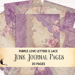 Papel digital con cartas de amor antiguas y encaje, efímeras de diario vintage, fondos imprimibles para álbumes de recortes, páginas de relleno con flores moradas románticas