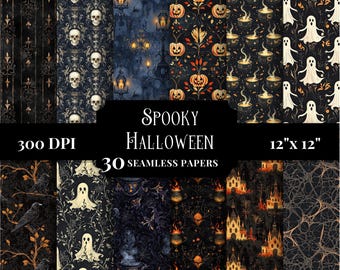 Sömlöst digitalt papperspaket med läskiga Halloween-motiv, Halloween-mönster för skräpjournaler, utskrivbara gotiska bakgrunder, DIY-scrapbookingmaterial