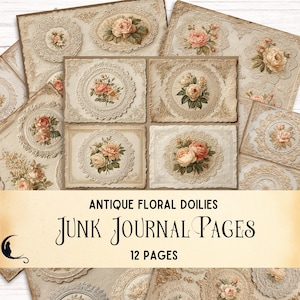 Antike florale Deckchen, digitales Papier, druckbares Scrapbook Kit, Vintage Spitzenmuster, elegante Junk Journal Seiten, DIY Bastelbedarf