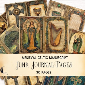 Verlicht manuscript Junk Journal Kit, vintage middeleeuwse kunst, kortstondige kunst, oud Iers plakboek, Keltische randen, uniek DIY Craft Supply