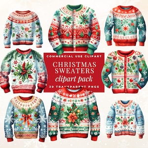Ugly Christmas Sweater Clipart, Ugly Sweater PNG, Watercolor Holiday Illustrations, Tacky Sweater Designs, Festive Winter Graphics, Digital