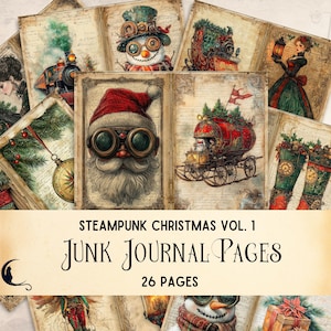 Steampunk Weihnachten Junk Journal Seiten, Digitale Papiere, Einzigartiges Urlaub Bastelzubehör, Printable Scrapbook Kit, Vintage Ephemera, PDF JPG