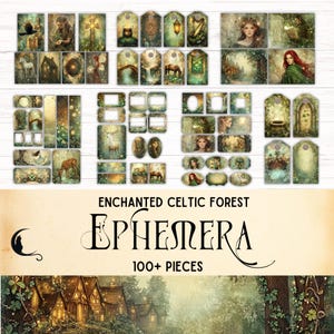 May include: A collection of ephemera with an enchanted Celtic forest theme. The assortment includes tags, frames, and illustrations featuring forest scenes, mythical creatures, and ethereal figures. The text "Enchanted Celtic Forest Ephemera 100+ Pieces" is displayed.