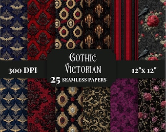 Seamless Gothic Victorian Digital Paper, Dark Academia Patterns for Scrapbooking Backgrounds, Junk Journals, Elegant Damask Craft Supplies