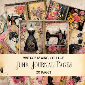 Vintage naaithema afdrukbaar junkjournaal, digitale retro plakboekkit, vintage fashion collagevellen, uniek kortstondig naaien