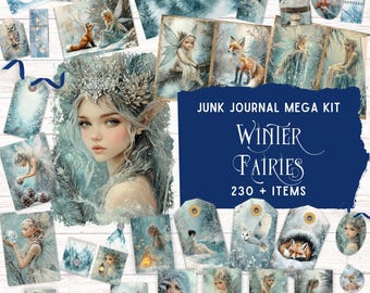 Winter Fairy Junk Journal Kit, afdrukbaar fantasy-plakboekpapier, Enchanted Forest digitale ephemera, afdrukbaar winter Woodland pocketfolio