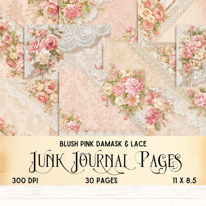 Antique Damask & Lace Digital Paper, Vintage Blush Pink Junk Journal ...