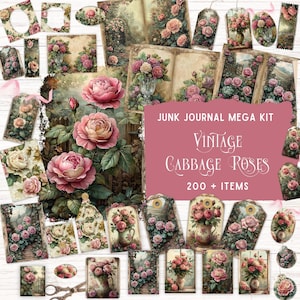 Kit de diário vintage Cabbage Roses Junk, kit de fólio para impressão, itens botânicos vintage, scrapbooking de jardim inglês, papéis Shabby Chic