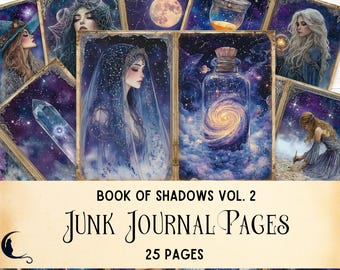 May include: A set of 25 printable junk journal pages featuring a celestial theme with images of stars, moons, crystals, and women in flowing robes. The pages are titled "Book of Shadows Vol. 2 Junk Journal Pages".