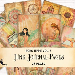Pagine di diario Boho Hippie Junk, effimeri Boho stravaganti, album digitale colorato con ragazza hippie retrò e ragazza eccentrica, forniture artigianali uniche