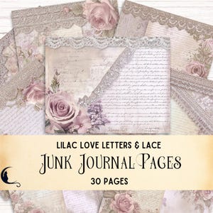 Papel digital con cartas de amor antiguas y encaje, efímeras vintage para diarios basura, fondos imprimibles para álbumes de recortes, páginas románticas de relleno floral lila.